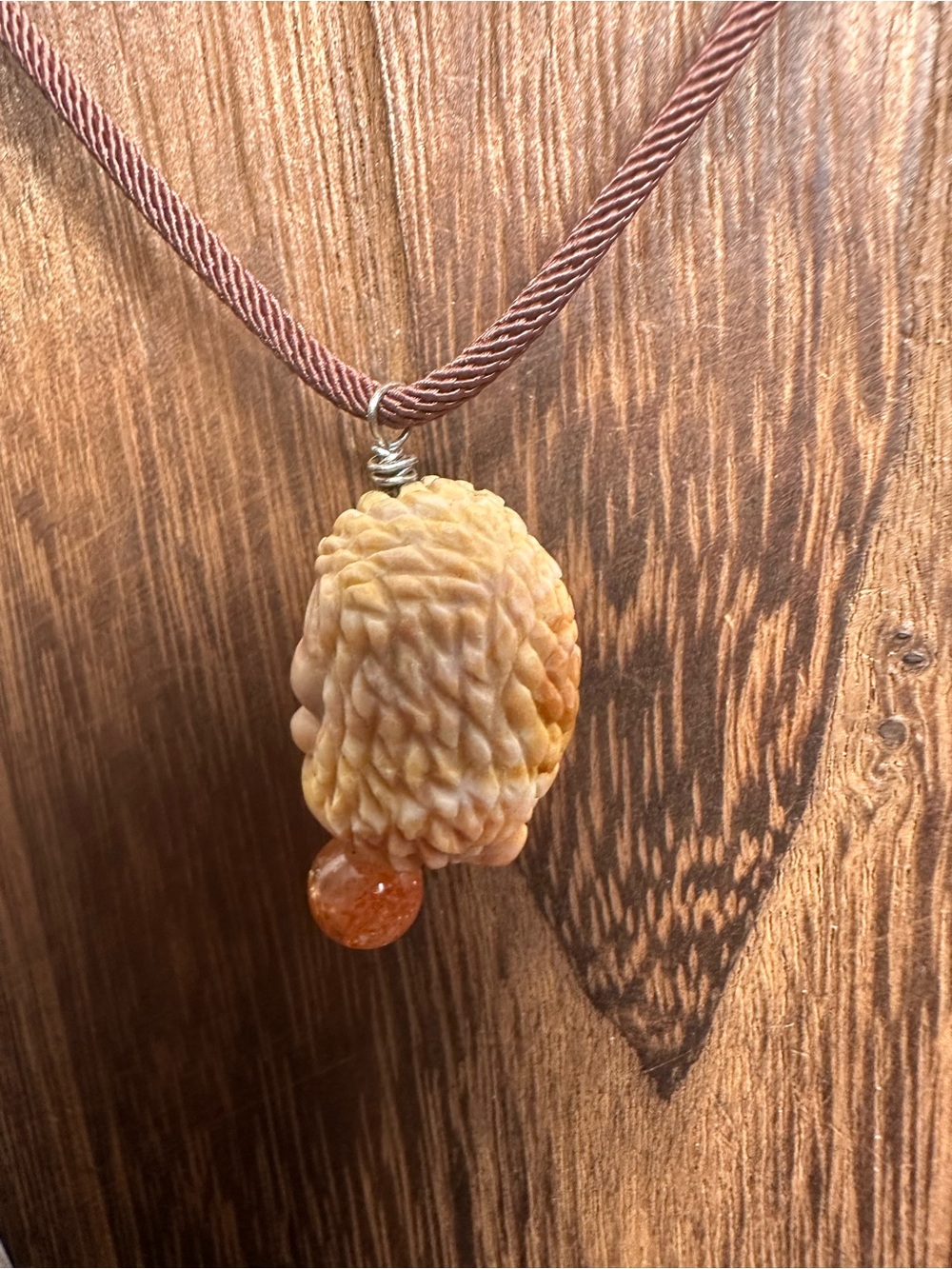 Alashan Agate Hedgehog Charm Pendant Necklace with Sunstone on Brown Rope - Picture 9 of 14
